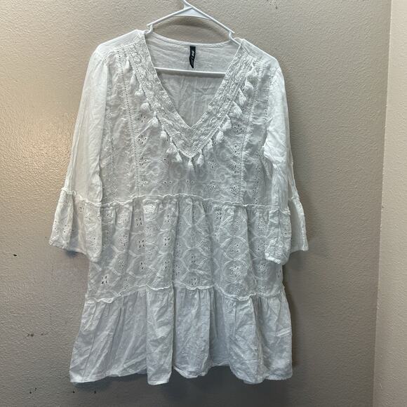 Me 2 Magic Anthropologie Boho Cottagecore Mini Tunic 3/4 Sleeve Tiered Dress L - Picture 1 of 7